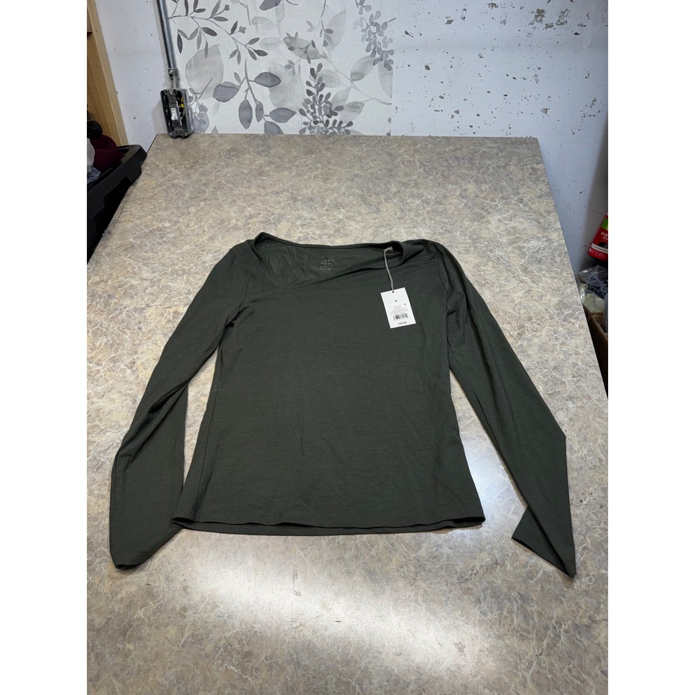 A New Day Womens Olive Green Asymmetrical Neck Long Sleeve Top Size M NEW